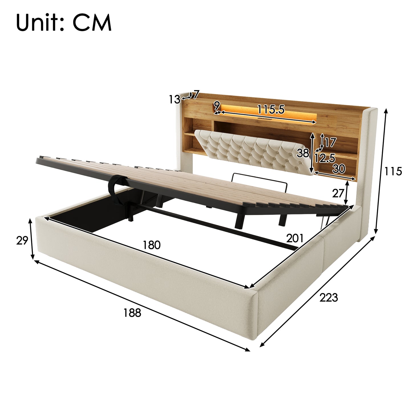Upholstered Bed 180x200cm With Hydraulic Bed Base & LED Lighting, Bed Frame With USB Type-C Charging Function, Headboard With Shelf & Storage Space, Linen Fabric, Beige Without Mattress