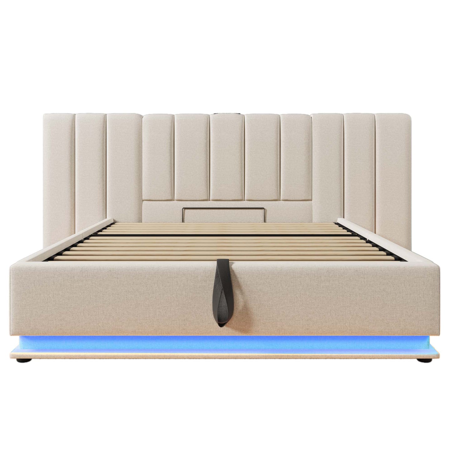 Upholstered Bed 160x200, Double Bed Storage Bed With App Control LED And USB-C Charging Function, Bed Frame With Slatted Base, Linen, Beige, Without Mattress And Bedside Table