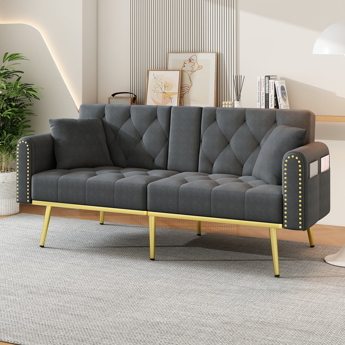 Double Fold Out Sofa Bed With Reclining Function, Three Adjustable Tilt Angles And Cup Holder. Suitable For Living Room, Bedroom, Home Theater Or Guest Room. Fabric Cover. Gray.