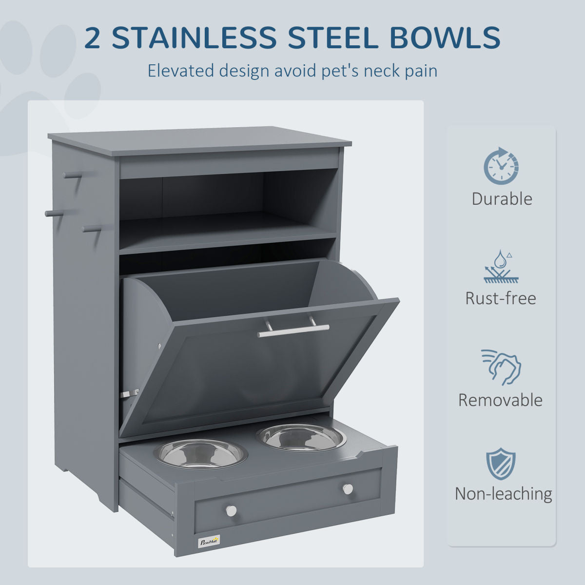Pet Feeder Station Storage Cabinet, Dog Food Storage Container With Dog Raised Bowls, Watering Supplies, Gray