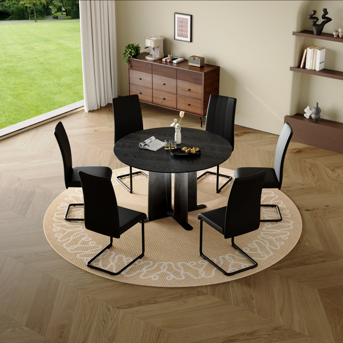 Round Black Wood Grain MDF Dining Table, Black & White Gradient Legs With Cross Base, Compact 2-4 Person Kitchen Table For Small Spaces Modern Dining Room Furniture