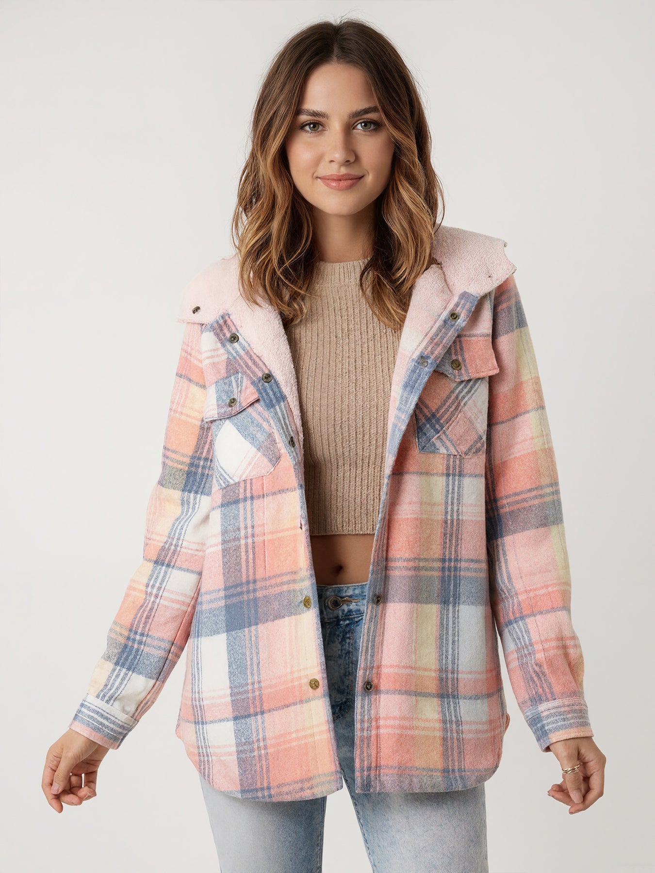 New Women's Fleece-lined Plaid Print Long-sleeved Hooded Jacket With Pockets, Perfect For Autumn And Winter.