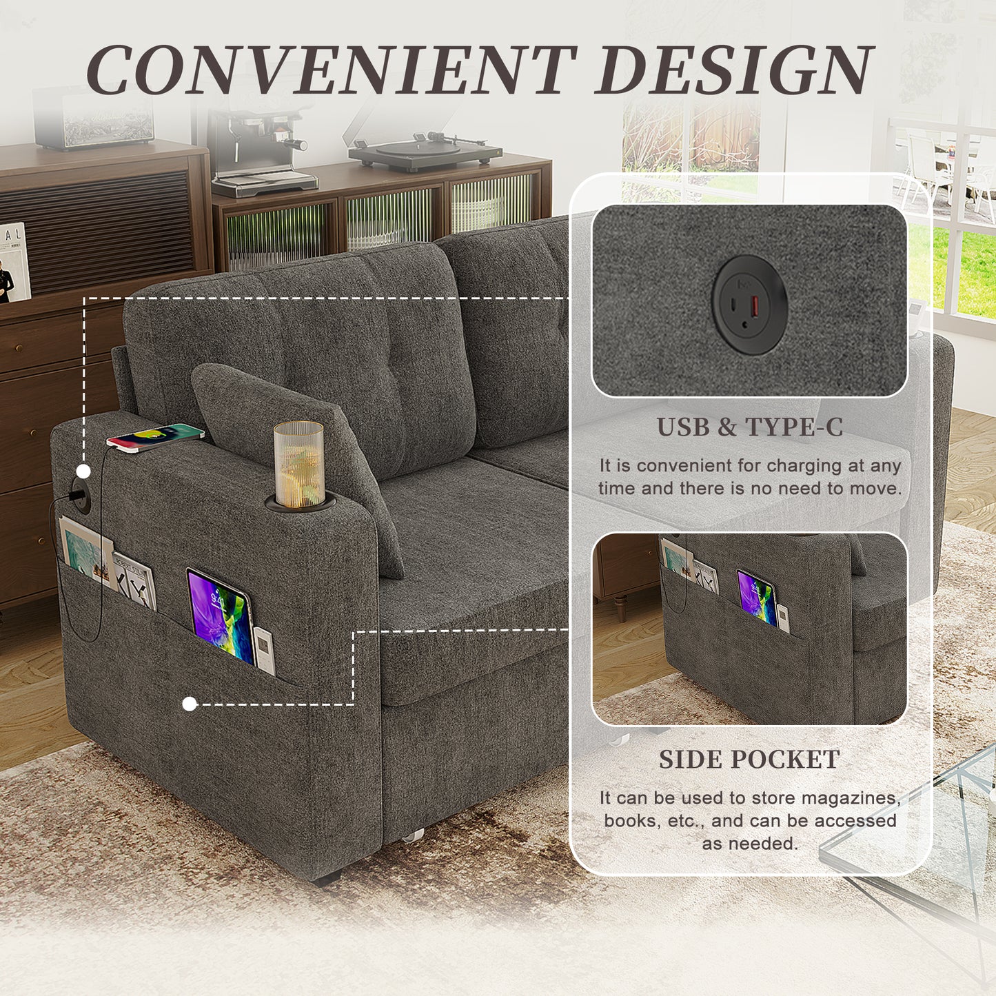 Sofas For Living Room, Couch Set,3 Seats Sofa, USB Charging,Wood Frame,Easy To Install,with Storage, Charging Station,Cup Holder,Modern Sectional Sofas For Living Room, Apartment,Chenille Fabric