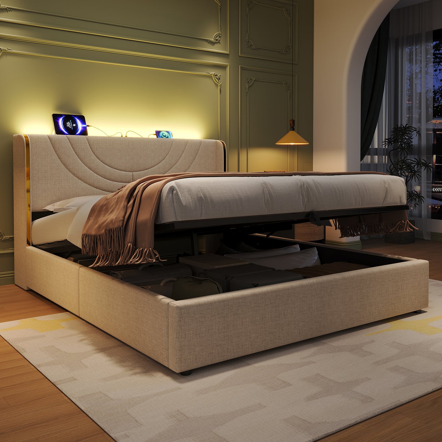 4ft6 Double Upholstered Bed Frame With Hydraulic Storage, LED Headboard With Charging Station And Chrome Trim, USB And Type-C Ports, Linen, No Box Spring Needed, Beige No Mattress