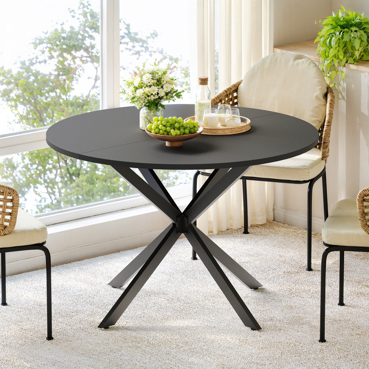 Round Table With Knock Knees, 120 Cm - Kitchen And Dining Table For Home Office, Balcony Or As A Coffee Table - Black
