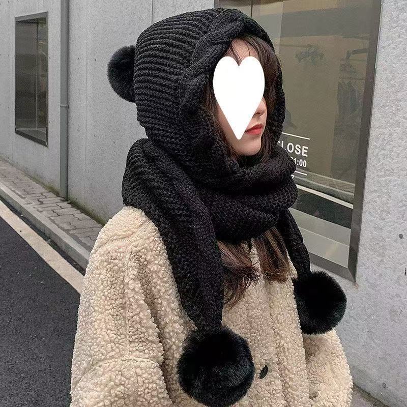 Korean-style Wool Hat Versatile Attached Scarf