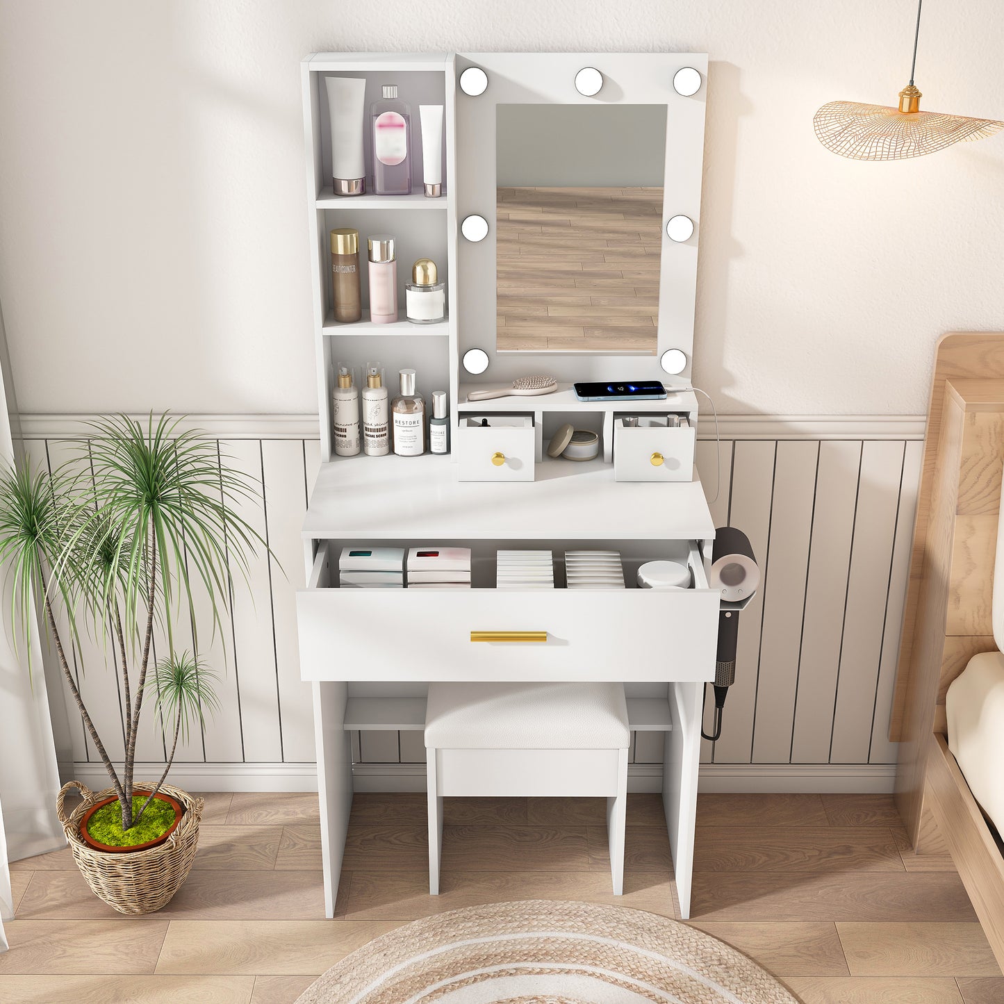 Vanity Table With Mirror & Adjustable LED Lights, Power Outlet, Hairdryer Holder & Stool -Compact Dressing Desk For Small Bedrooms White
