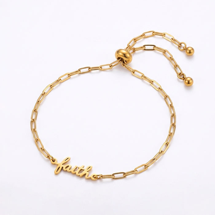 18K Gold Plated Stainless Steel Faith Bracelet For Women, Adjustable Paperclip Chain Script Word Charm Bracelet, Meaningful Religious Gift