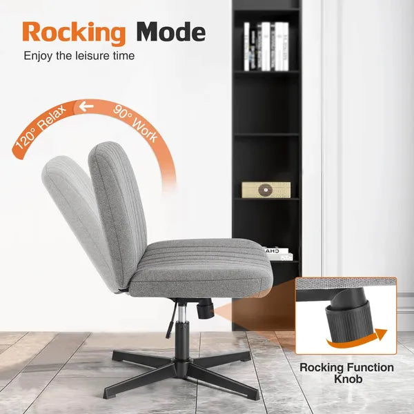 Cross Legged Office Living Room Rocking Gaming Chair Armless Wide Desk Adjustable Swivel Fabric Task Vanity Home Office