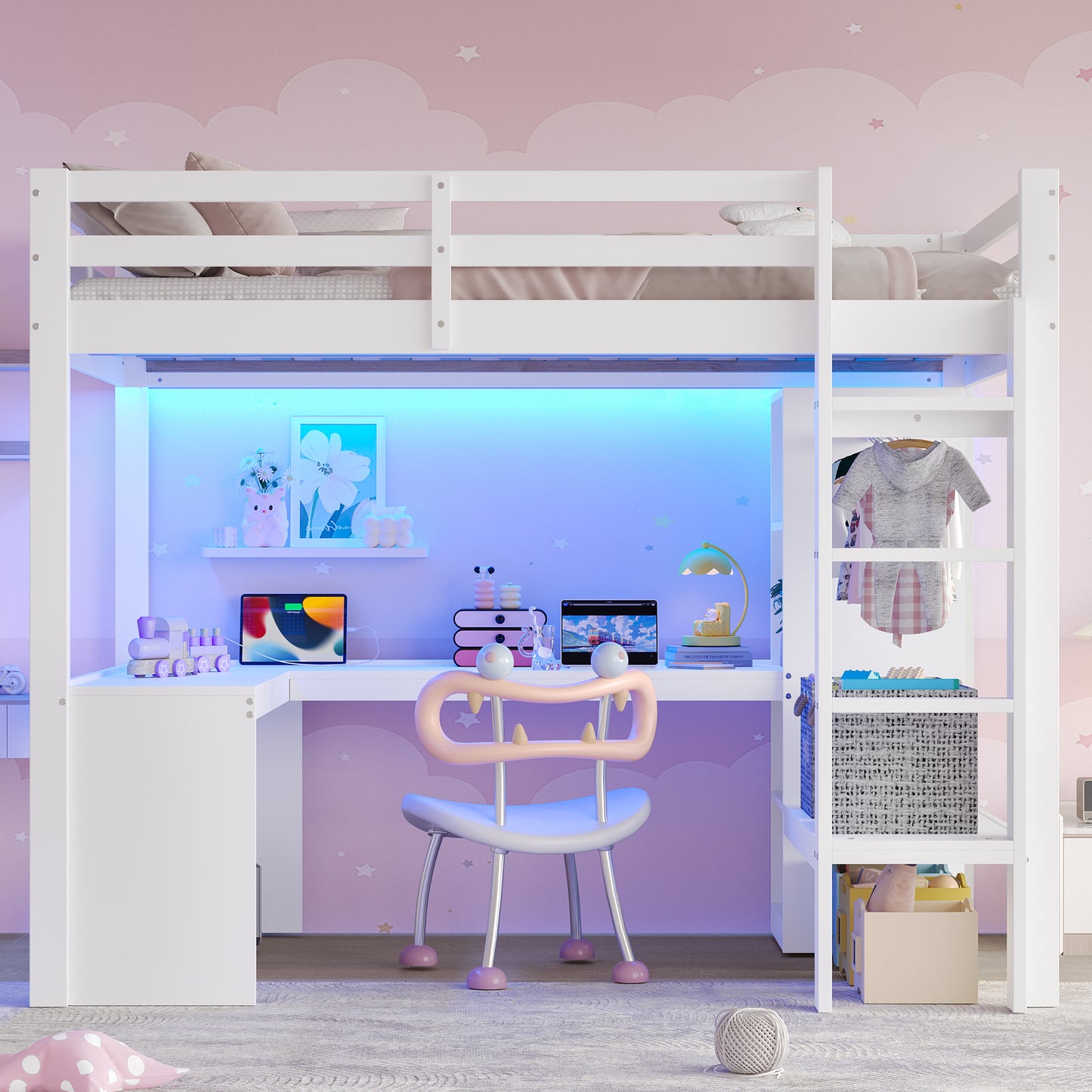 Loft Bed 140x200 With Multifunctional Shelves, Underbed Desk, LED Light And USB, White