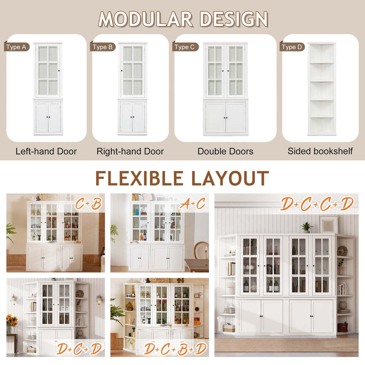 75.25 Tall Freestanding Pantry Cabinet With Glass Door & Lattice Window, Farmhouse Display Cabinets With Storage, Hutch With Double-Action LH&RH Door, For Hallways, Livingroom Kitchen & Office,White