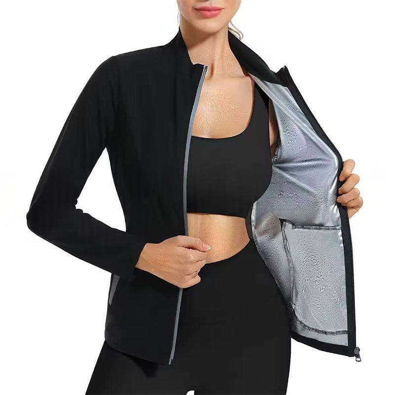 Womens Fitness Sweaty Workout Suit With Silver-Coated Stand Collar Cardigan
