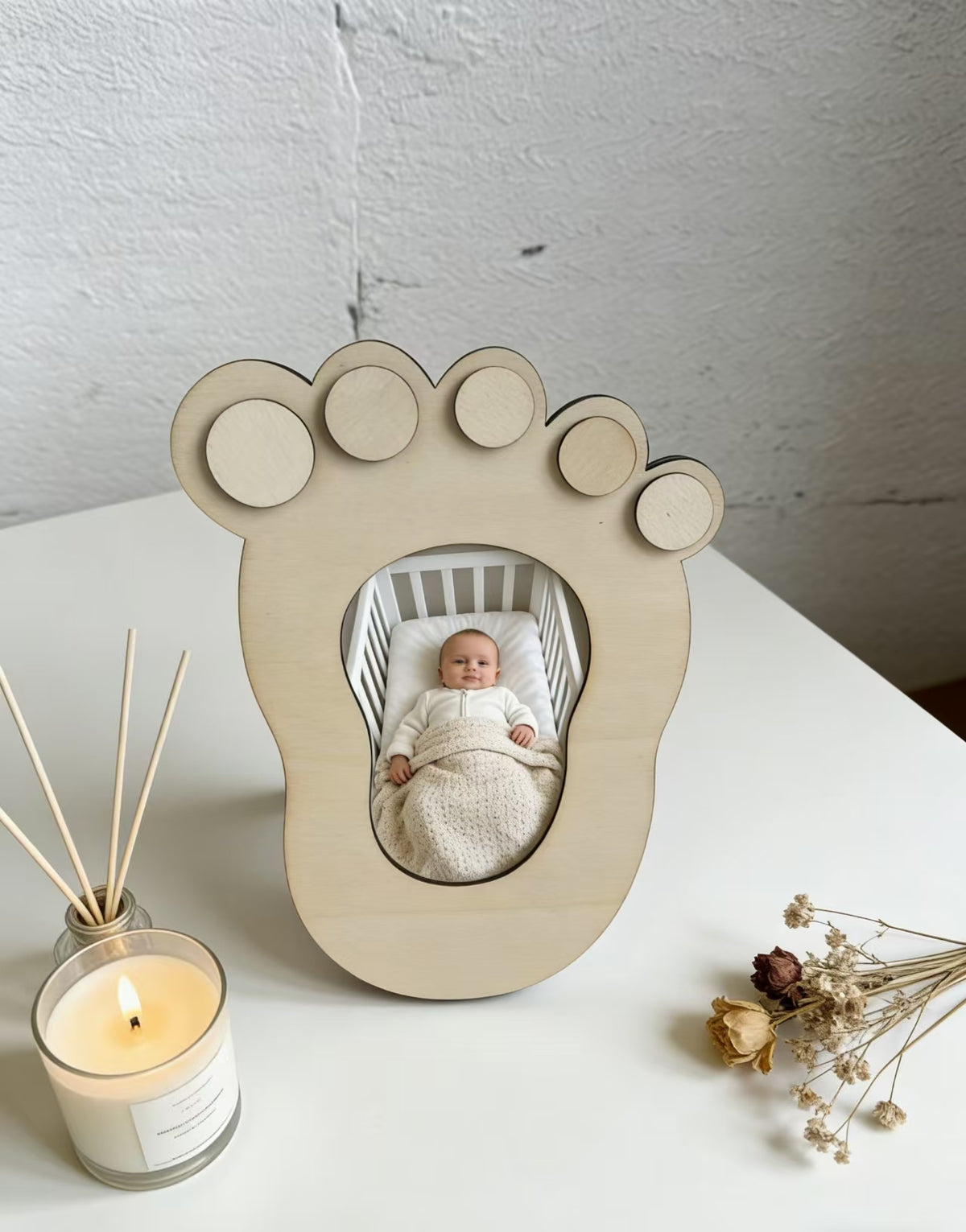 Baby Footprint Wooden Photo Frame, DIY Writeable Newborn Keepsake Picture Frame, Natural Wood Baby Shower Gift For Infant Boys Girls
