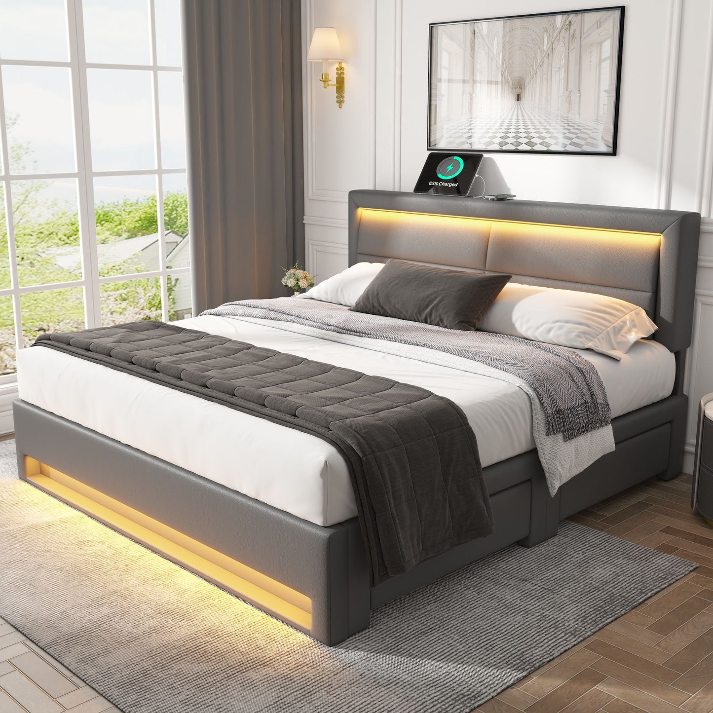 Upholstered Bed 140 X 200 Cm, With USB Port Supports Wireless And Wired Charging , With LED Lighting And Four Drawers, Without Mattress, PU Lychee Pattern, Grey OLD SKU-3256256AAG