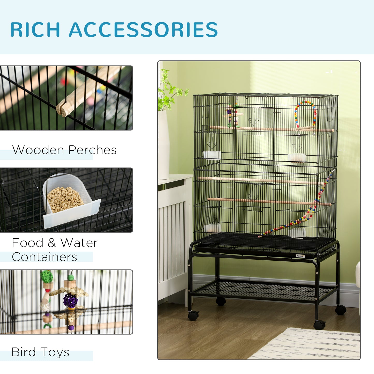 PawHut Large Bird Cage Budgie Cage With Stand, Toys, Wheels, Accessories, Storage Shelf For Canaries, Finches, Lovebirds, Parakeets - Black, 79 X 49 X 133 Cm
