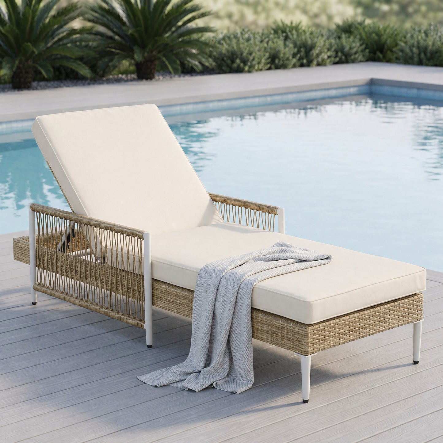 TOPMAX Outdoor All-Weather PE Rattan Chaise Lounge, Minimalist Patio Wicker Lounge Chair With 6 Gear Adjustable Recliner, Arms And Cushion For Poolside, Deck, Set Of 2, Beige