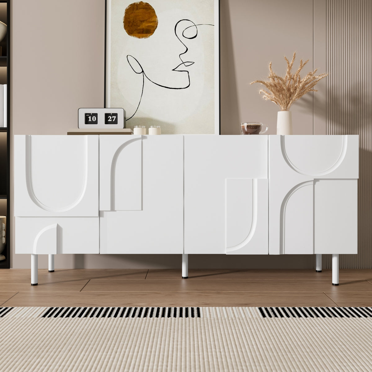 Geometric Designer Dining Room Sideboard Modern, Functional Piece Of Furniture With Irregular Curves, Multi-storage And Stylish White Perfect For Minimalism & Modern Decor
