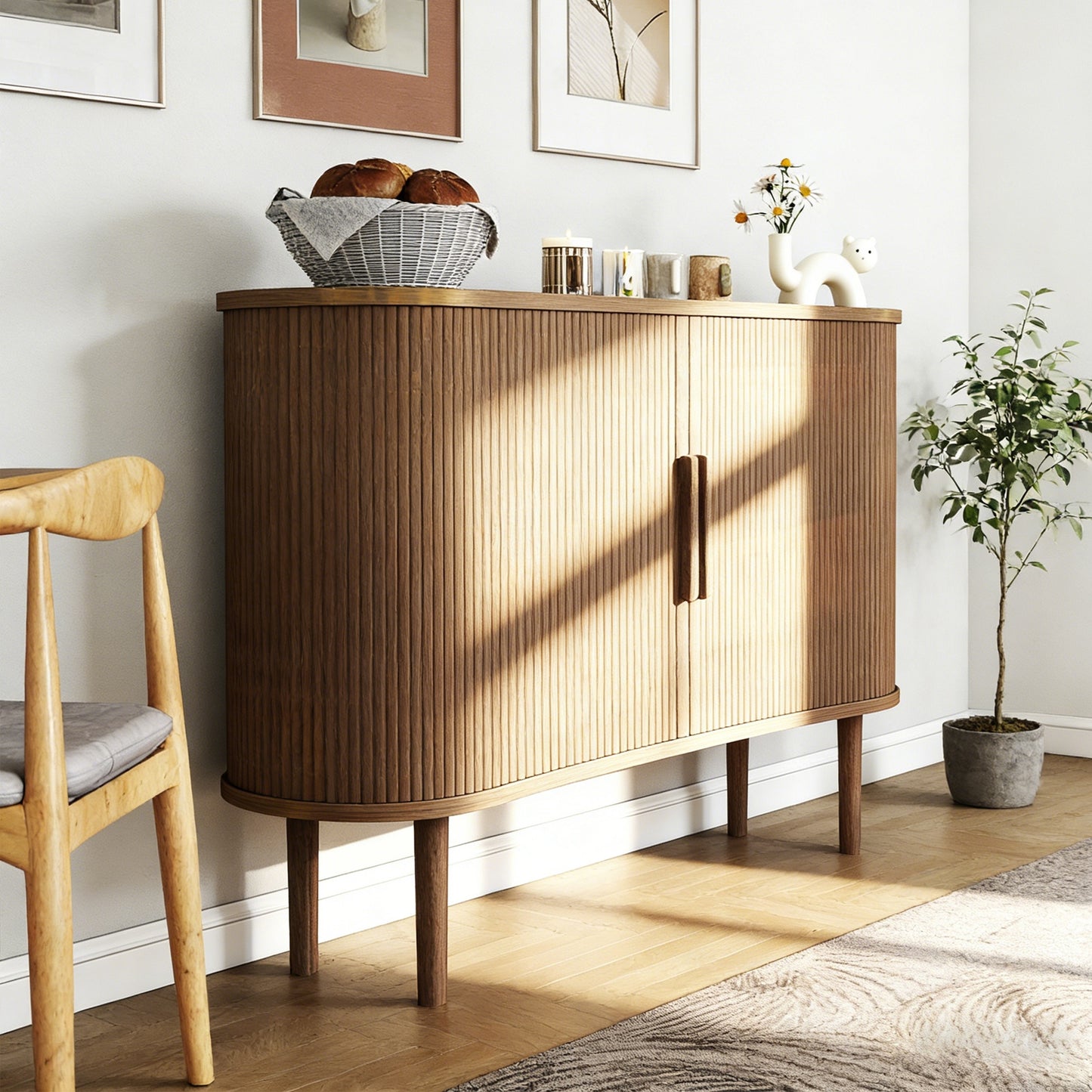 55in Storage Sideboard Modern Fluted Buffet Cabinet With Sliding Door And Solid Wood Legs For Kitchen Living Room Bedroom