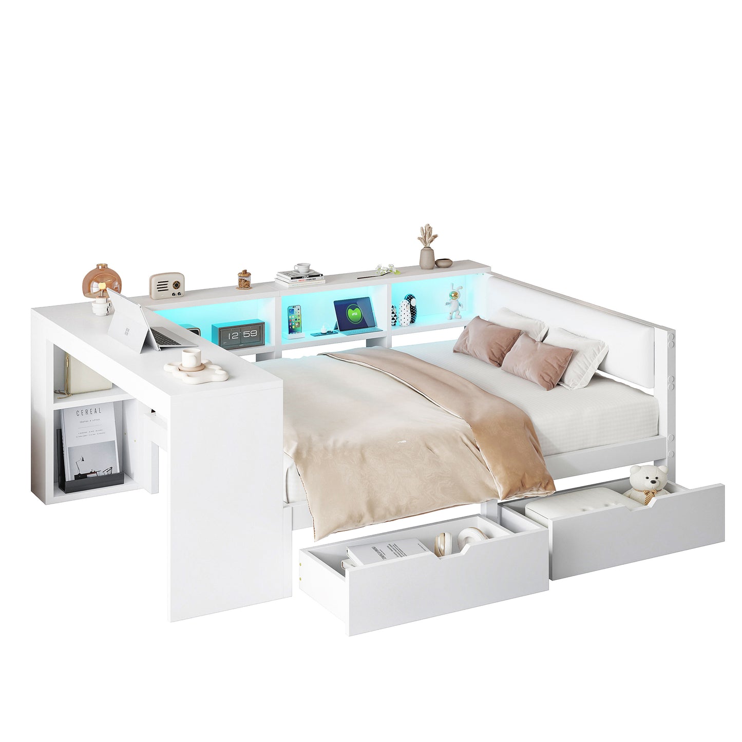 140x200 Wooden Platform Bed With Shelves, Drawers, Charging Station And Upholstered Headboard, With Colorful LED Lights, White