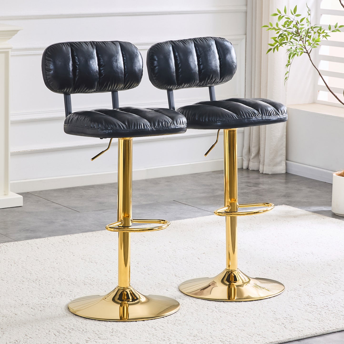 Set Of 2 Modern Bar Stools With Adjustable Height, Black PU Leather Upholstered Stools With Gold Metal Base & Footrest For Kitchen Island, Home Bar, Game Room