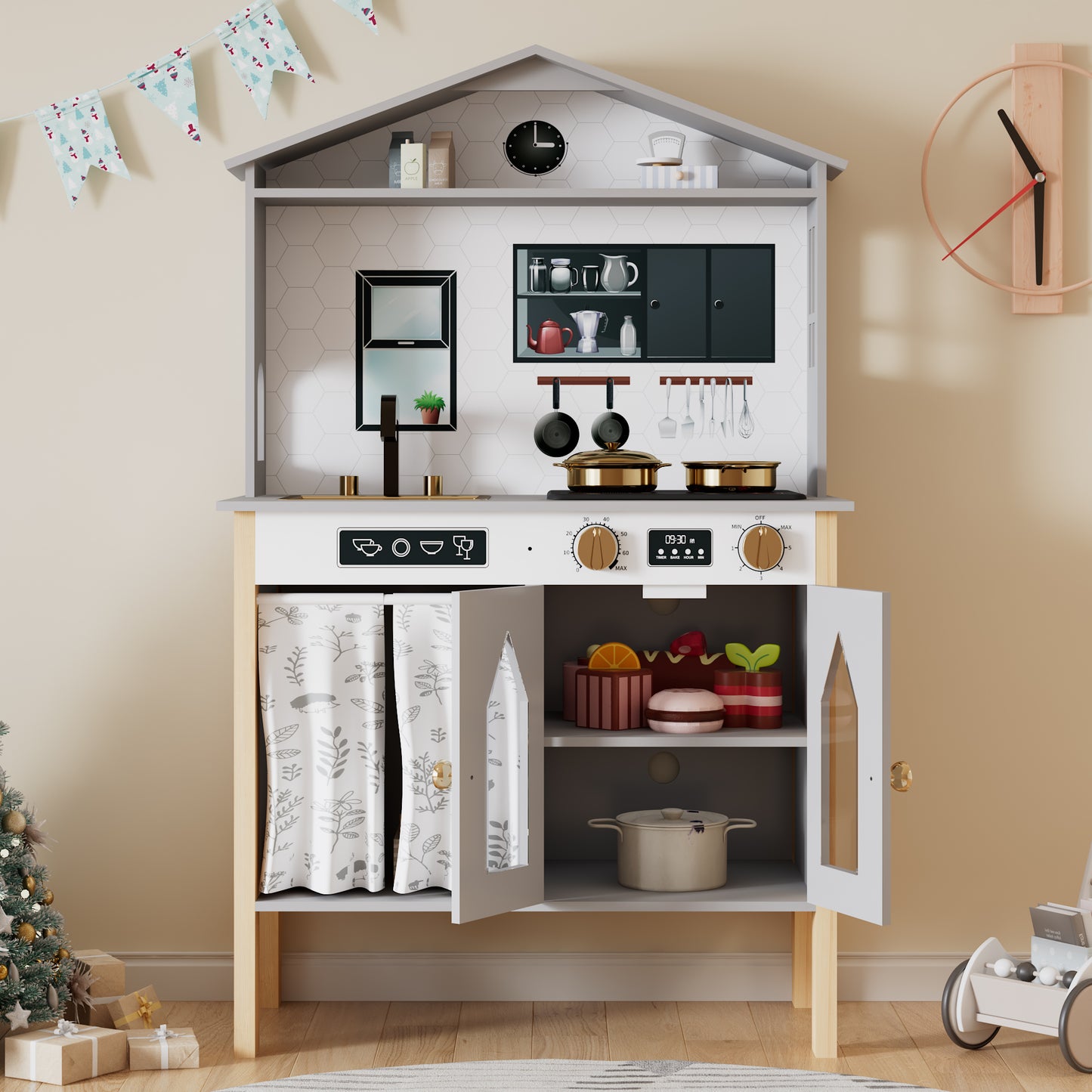 Children's Kitchen, Play Kitchen-Creative House Design, Accessories And Surprise Effects, Suitable For Children From 3 Years, Wood Plastic, Grey, 28.5x60x92cm