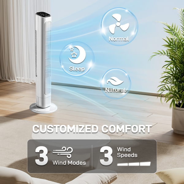 US Standard RTW-GR36 Tower Fan, 110V 45W, 36 Inch, Column Shape, White Plastic Body, Copper Motor, Touch & Remote Control, 3 Speeds, 3 Modes, Oscillating Function, 9-Hour Timer, For Home Use