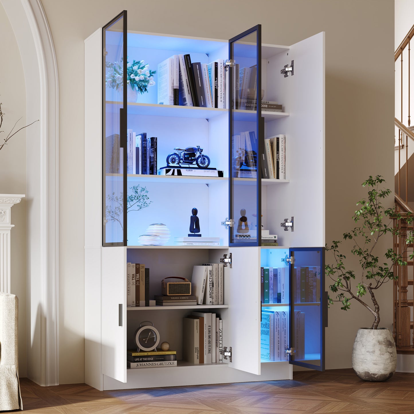 N625P3142394041W,Glass Display Cabinet Glass Cabinet Door 200cm High Display Cabinet With LED Lights,MultiStorage Bookcase For Bedroom Living Room Office,Cabinet With Glass Door With Alumin
