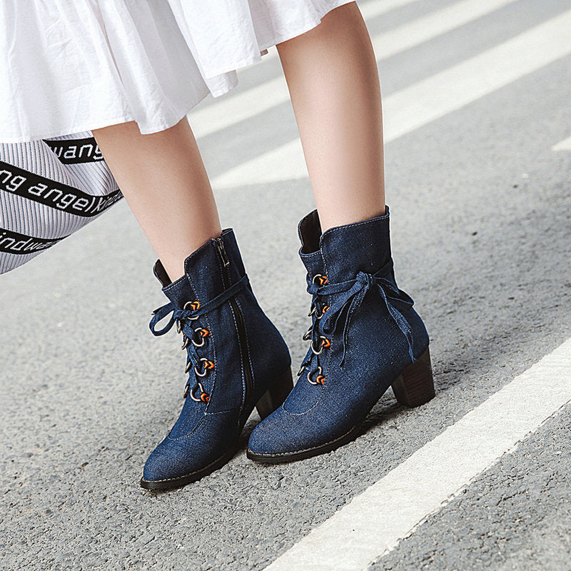Womens Denim Winter Boots New Korean-Style Lace-Up Design
