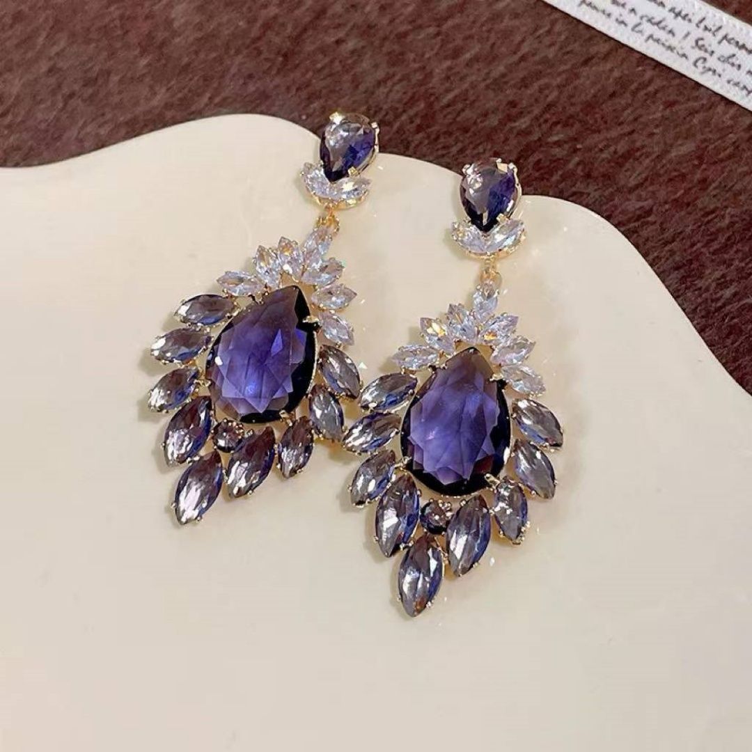 European American Fashion Gradient Purple Teardrop Zircon Earrings, Super Sparkling Dangle Drop Earrings For Runway & Formal Evening Dress