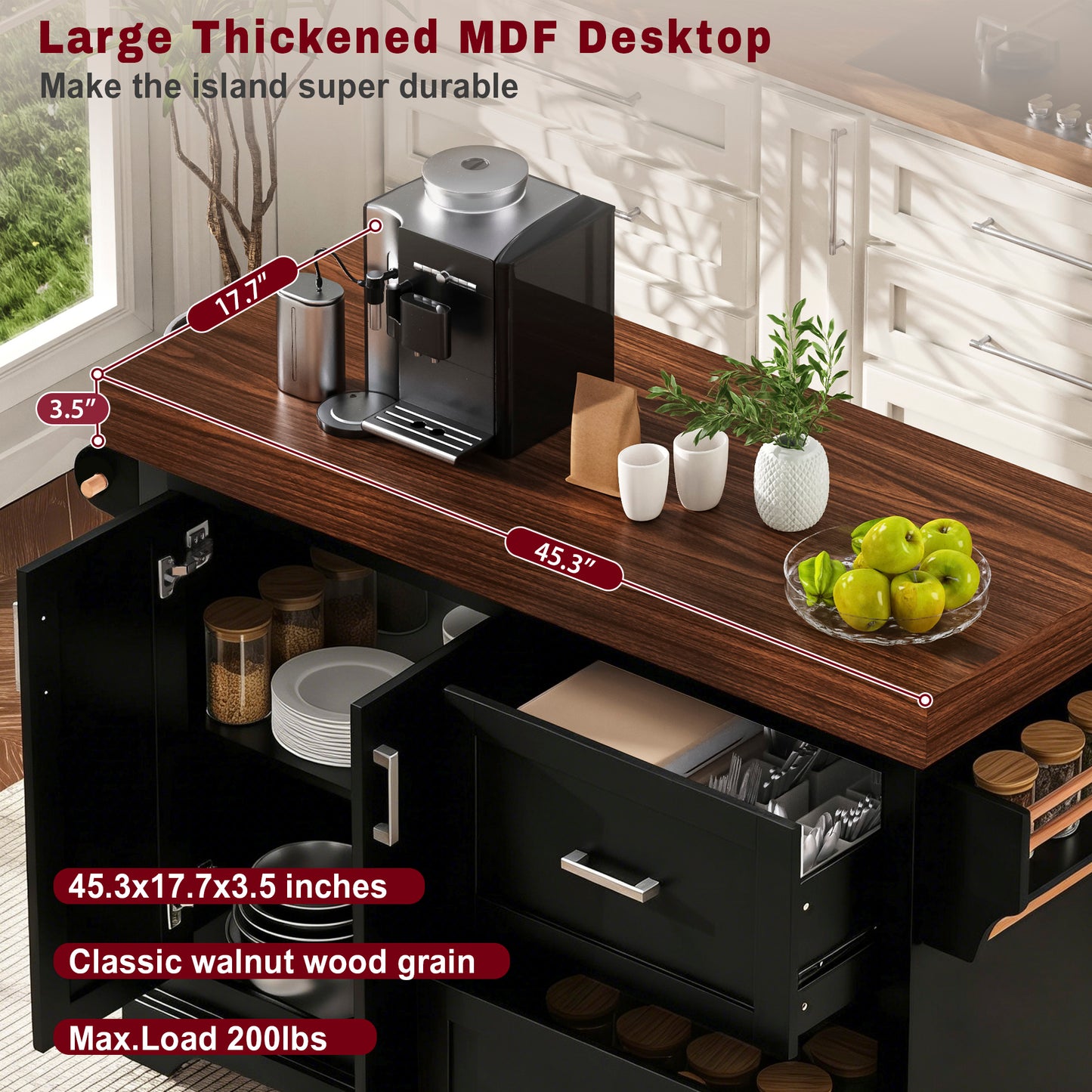 K&K 53 Large Kitchen Island With 3.5 Thick Desktop, Spice And Towel Racks, Rolling Kitchen Island With Storage On 5 Wheels, 2 Extra Large Drawers, For Home, Kitchen, Dining Room, Black