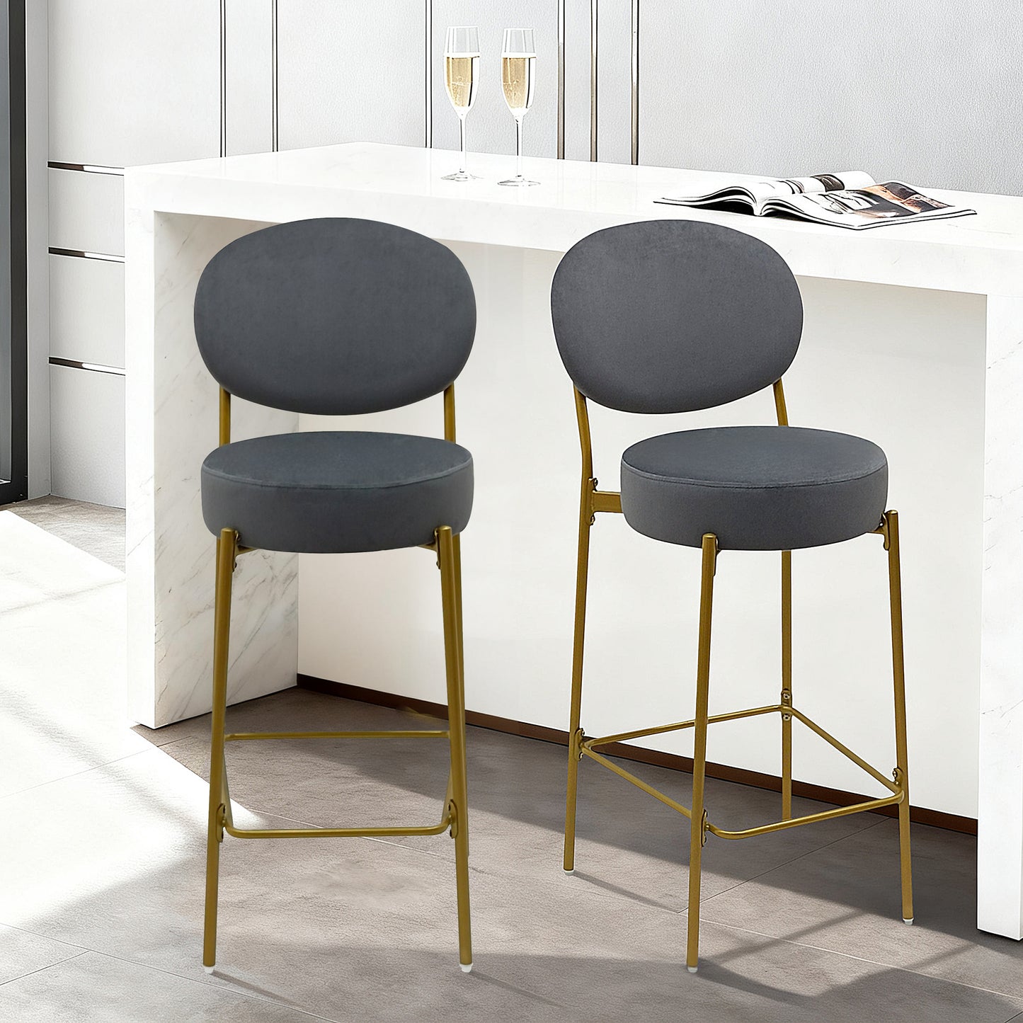 Set Of 2 Velvet Upholstered Bar Stools Round Counter Stool With Backrest & Footrest Dining Chairs For Kitchen Island Gray