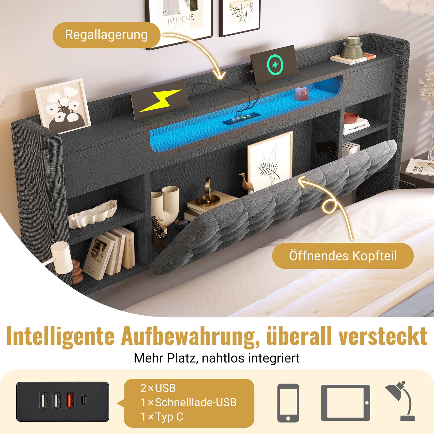 Upholstered Bed 160x200cm With Hydraulic Bed Base & LED Lighting, Bed Frame With USB Type-C Charging Function, Headboard With Shelf & Storage Space, Linen Fabric, Grey Without Mattress