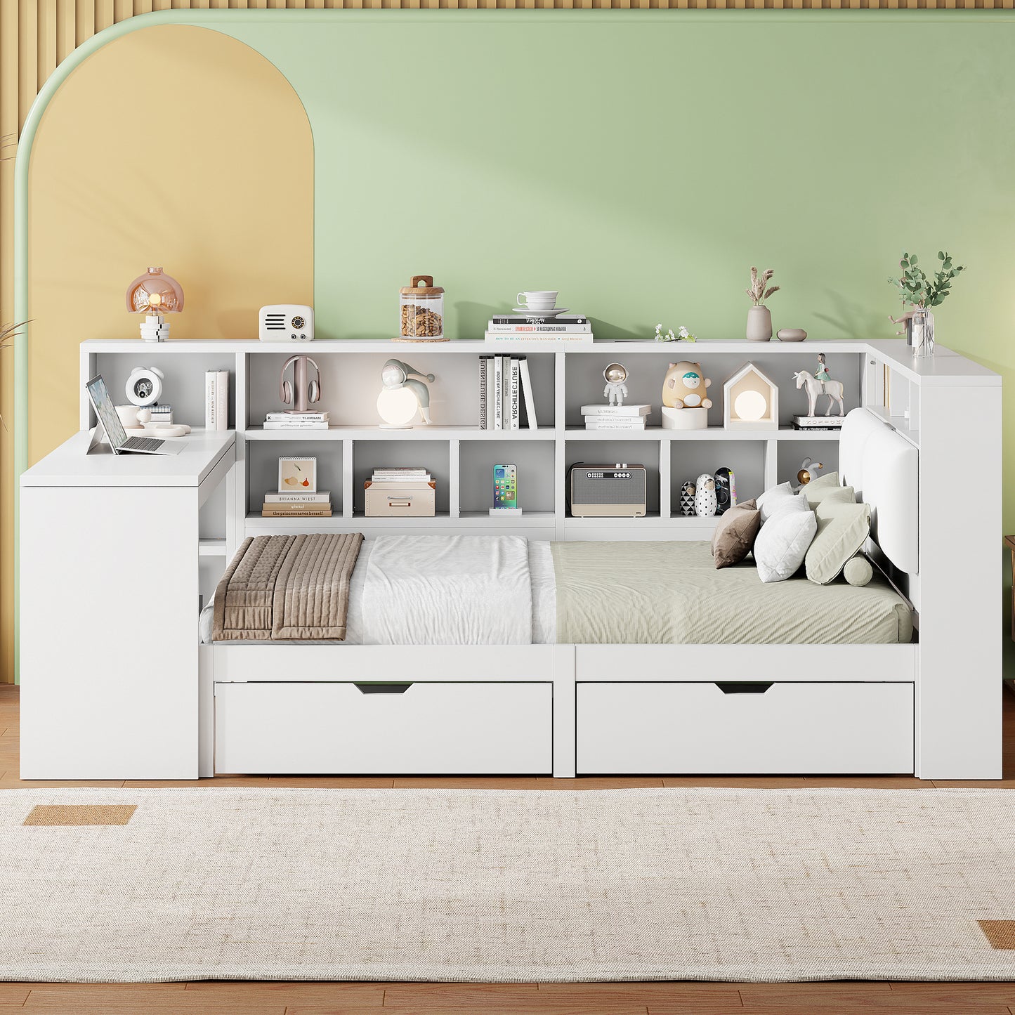 140x200 L-Shaped Wooden Platform Bed With Desk And Bookcase, Corner Captain's Bed With Upholstered Headboard, Under-Bed Drawers, LED Light - White