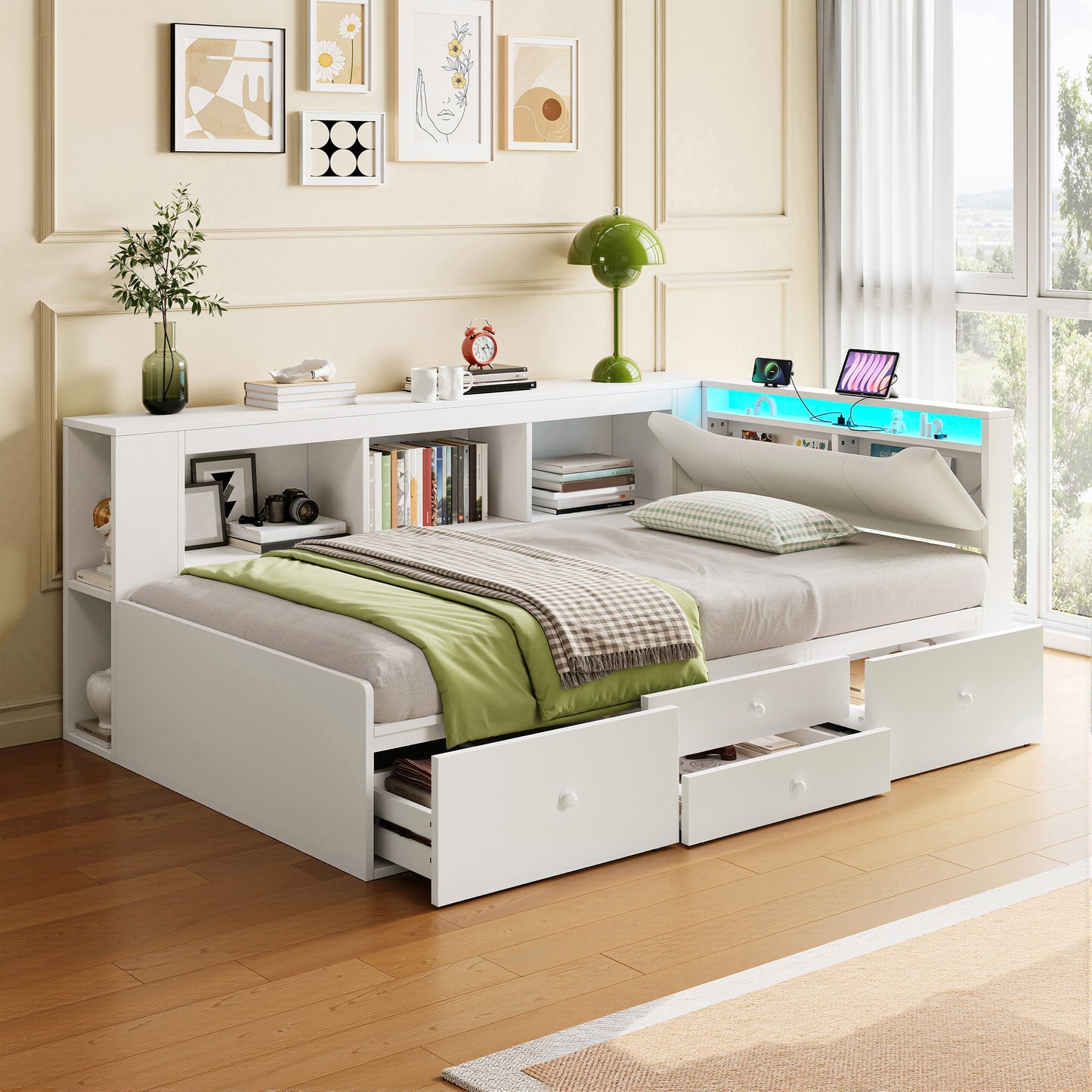 3ft Single Tatami Wooden Bed Frame With Underbed Storage And Drawers, LED Linen Headboard With Charging Station And Concealed Headboard Storage, Bedside Bookshelf Compartment, White No Mattress