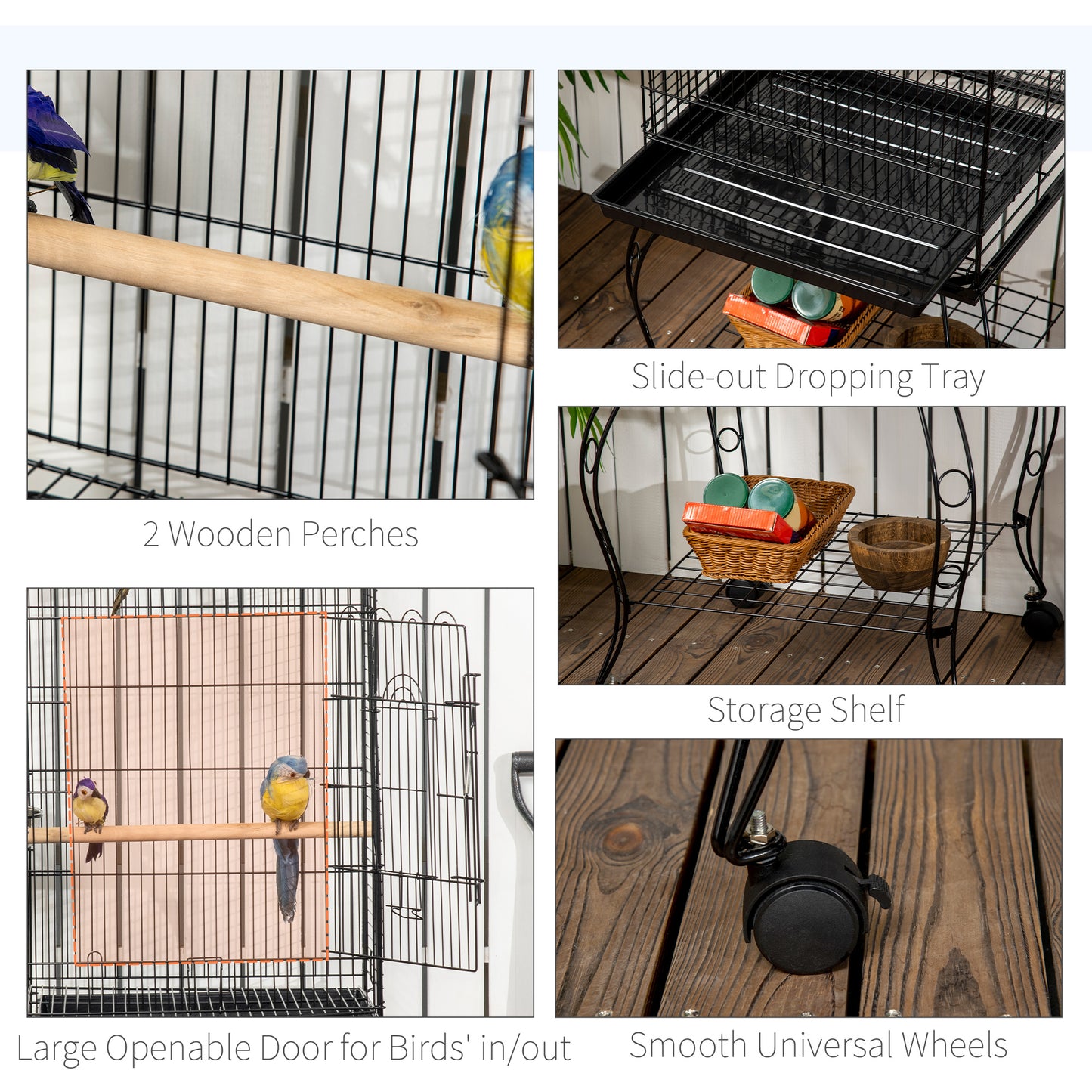 PawHut 1.53m Bird Cage, Pet Viary, Feeding Stand, With Wheels, Perch