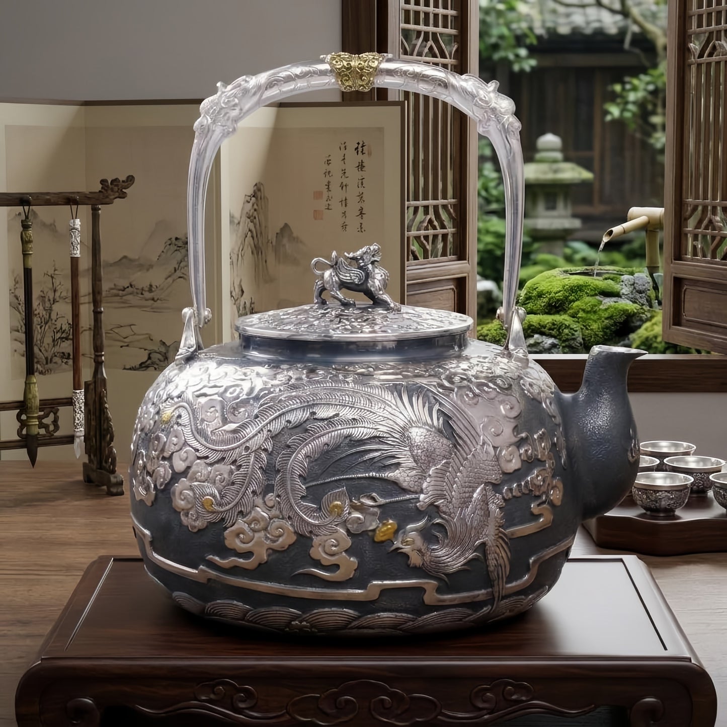 925 Sterling Silver Ornate Handcrafted Silver Tea Kettle with Phoenix Motifs and Lion Finial - Handicraft
