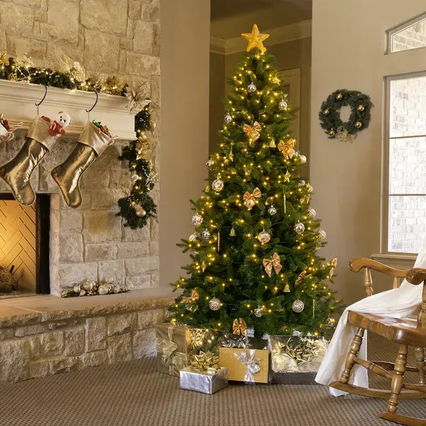 7.5 FT Artificial Christmas Tree With DIY 400 Warm White LED Lights, Hinged Xmas Pine Tree With Tree Skirt And Holiday Ornaments For Holiday Party Office Home, Green Tree & Golden Decor
