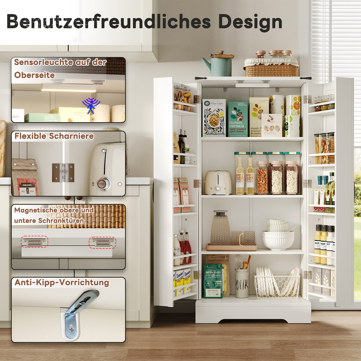 128.5cm Kitchen Cabinet, Farmhouse Storage Cabinet - LED Pantry Cabinet With 2 Hinged Doors And Adjustable Shelves For Small Spaces In The Dining Room Or Living Room, White Gravure Structure