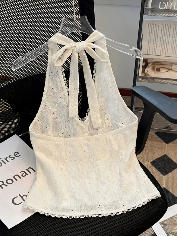 Women's Summer New Fashion Elegant Solid Color Backless Pearl Button Decorated Tie-Neck Strapless Vest