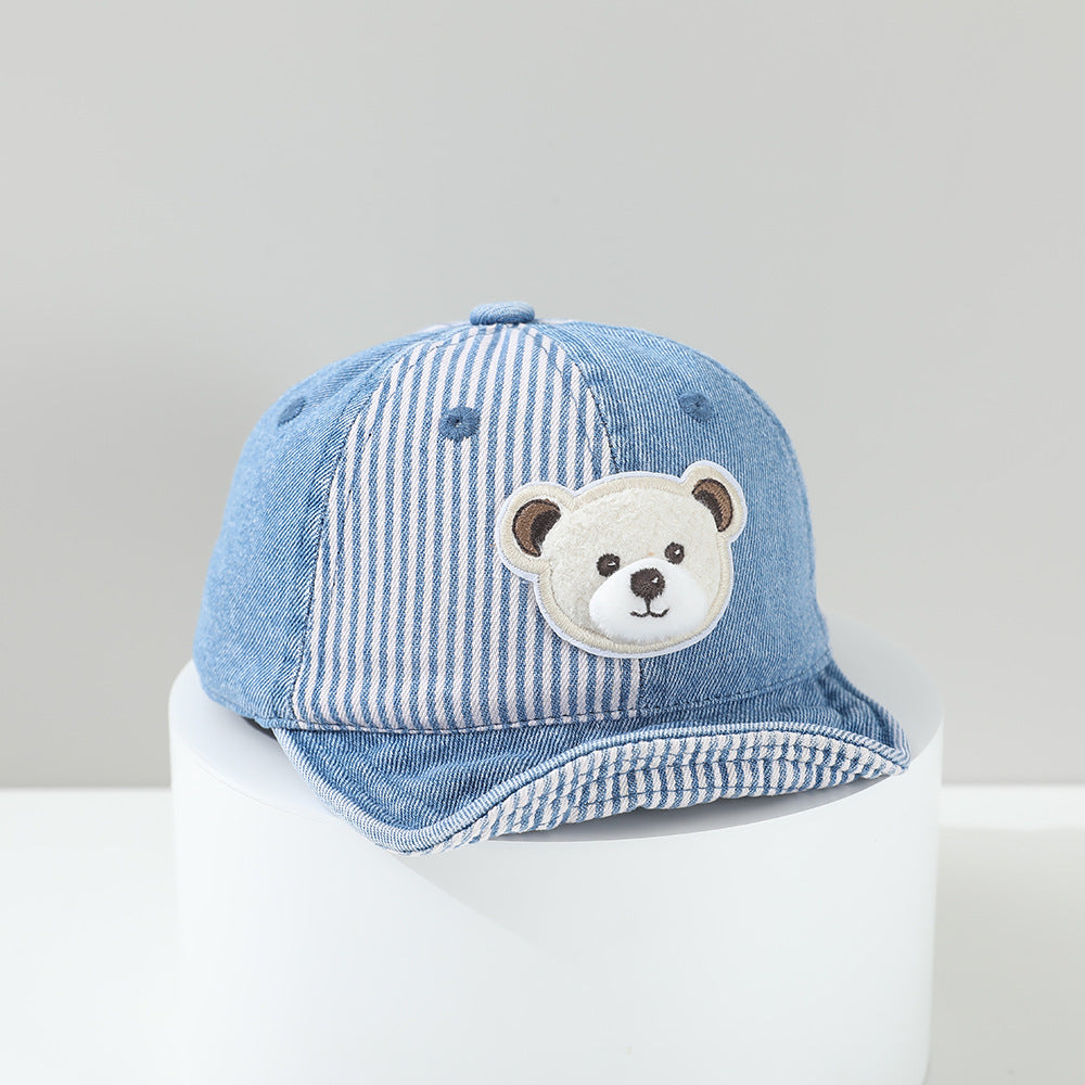Children's Patchwork Striped Cartoon Bear Sewn Water-washed Distressed Fashion Casual Soft-brimmed Baseball Cap For Traveling And Shopping