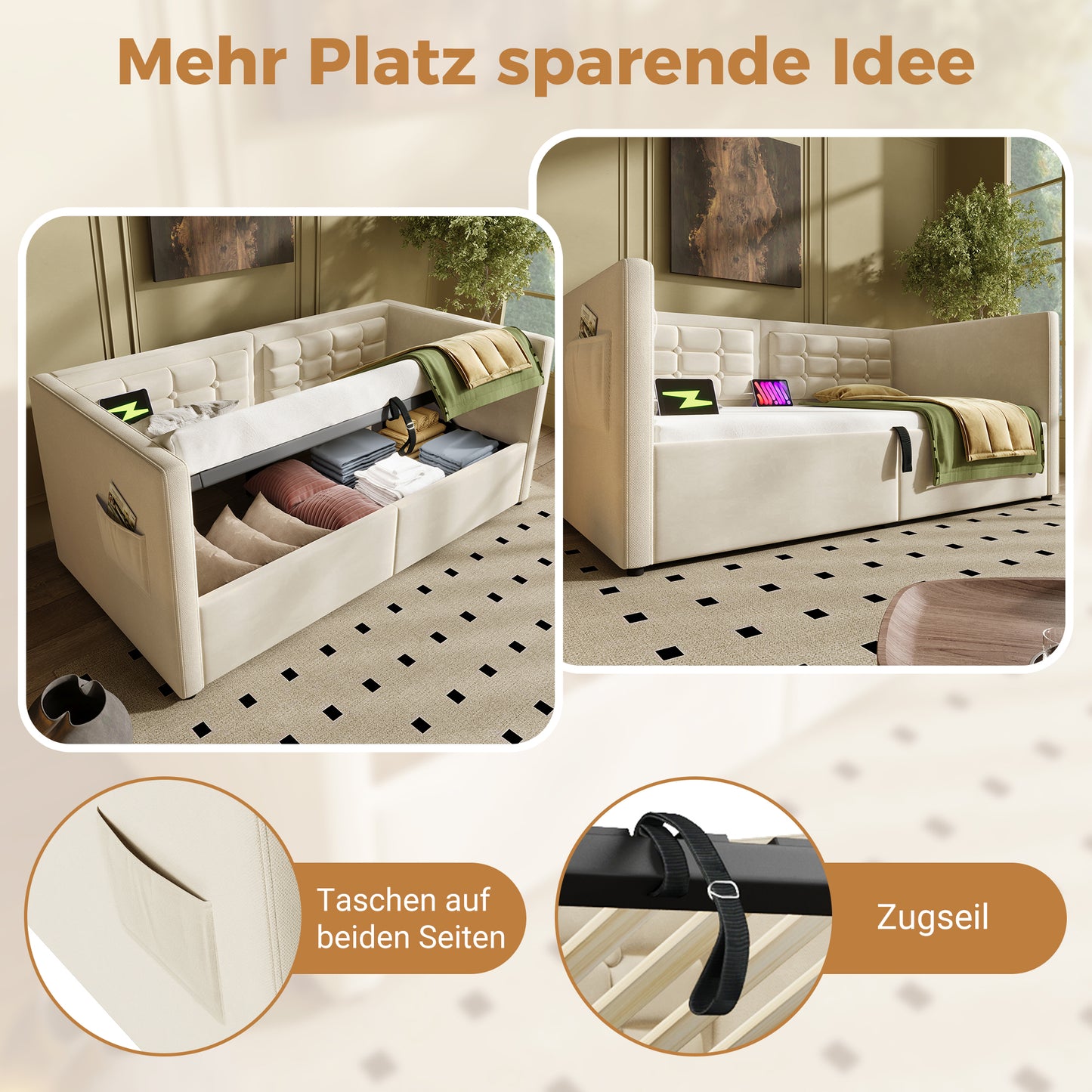 Upholstered Sofa Bed 90x200 Cm, Single Bed Sofa Bed With Hydraulic Storage And USB & Type-C Charging Station, Guest Bed With Wooden Slatted Base, Beige, Velvet, Without Mattress.