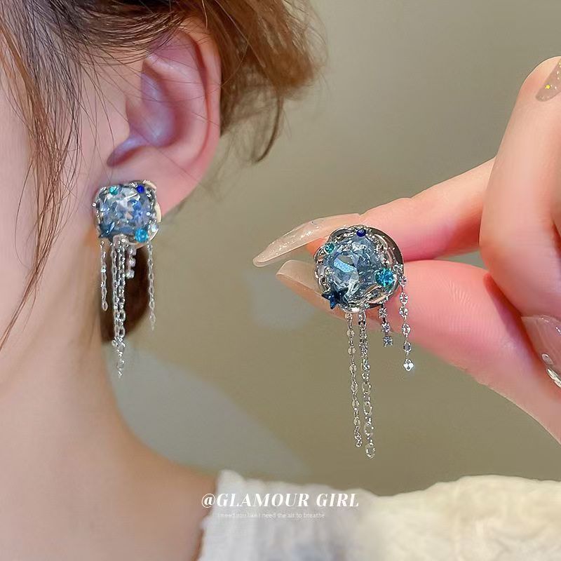 Blue Planet Zircon Floral Pearl Earrings For Women, Super Fairy Sparkling Exquisite Elegant Studs, Light Luxury High-End Fashion Ear Jewelry