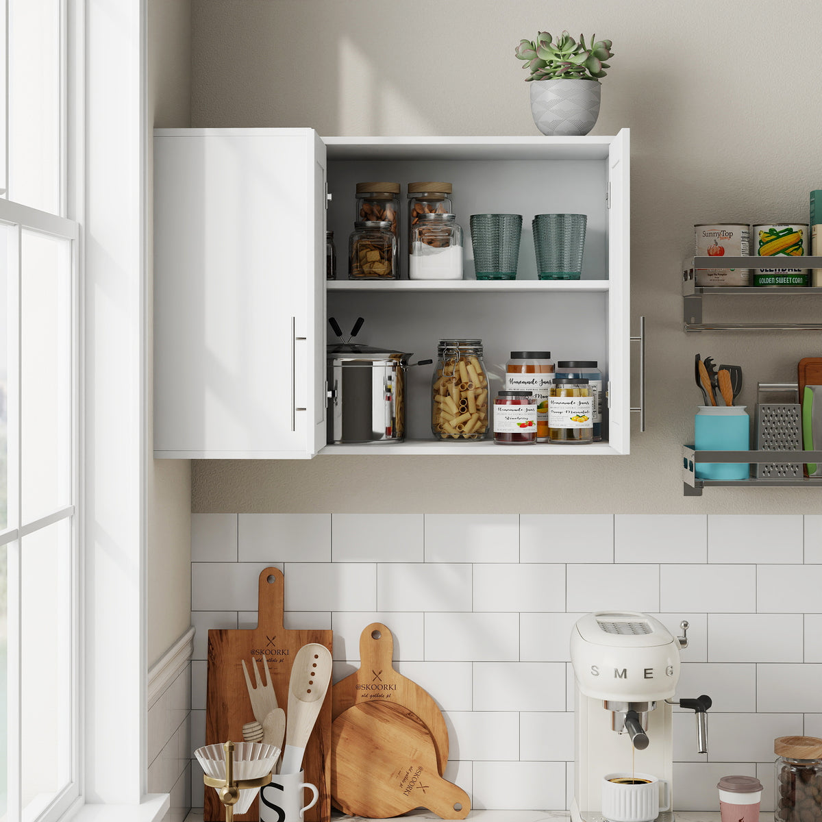 L Shape Wall Mounted Kitchen Sideboard Cabinet With 2 Door, 3 Layers Shelves, Storage Buffet Cabinet For Bathroom, Dining Rooms