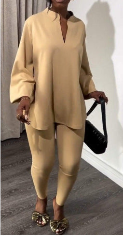 New Solid Color Split V-Neck Top & Skinny Pants Elegant Two-Piece Outfit