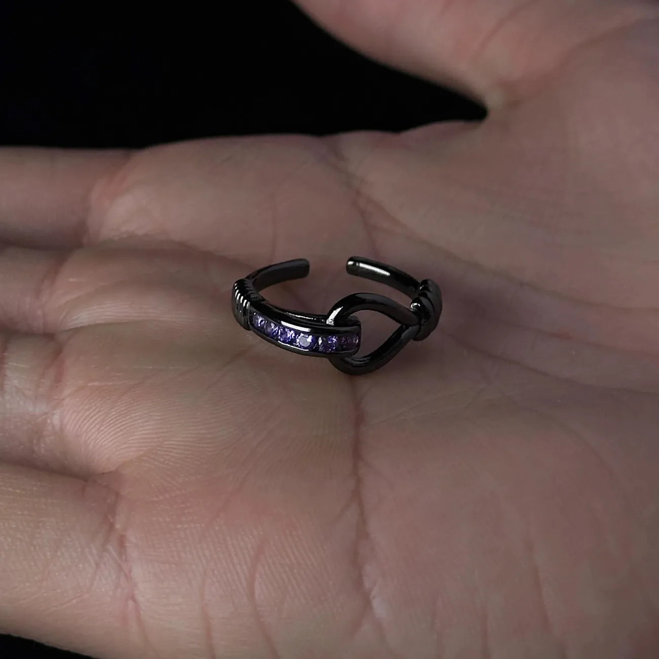 1pcs Black Knot Wrapped Purple Crystal Adjustable Open Ring, Dark Cool Trendy Style, For Men Women Daily Party Wear & Couple Valentine Gifts