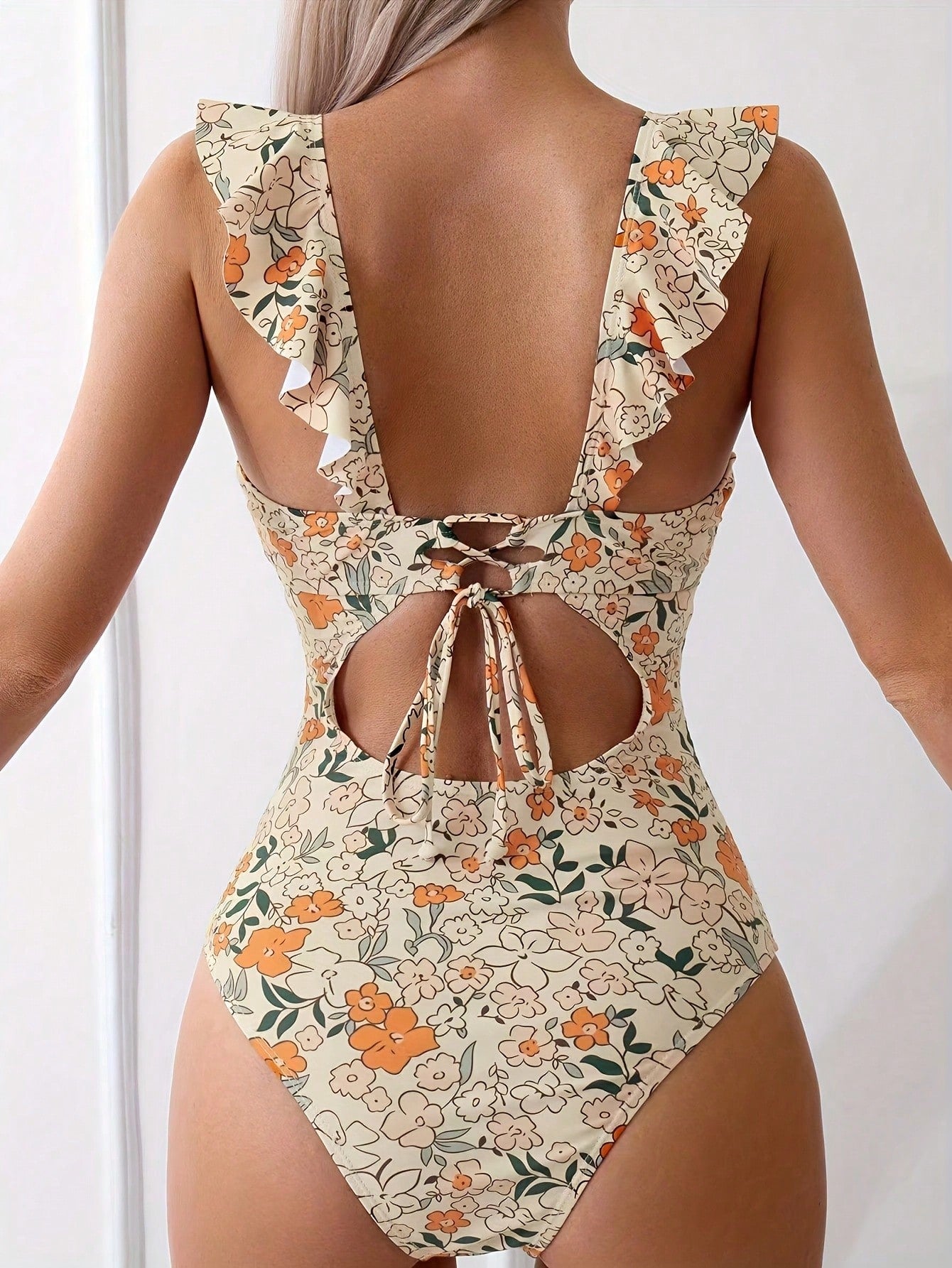 2026 New Ditsy Floral Print One-Piece Swimsuit, V Neck Ruffle Shoulder Tummy Control Bathing Suit
