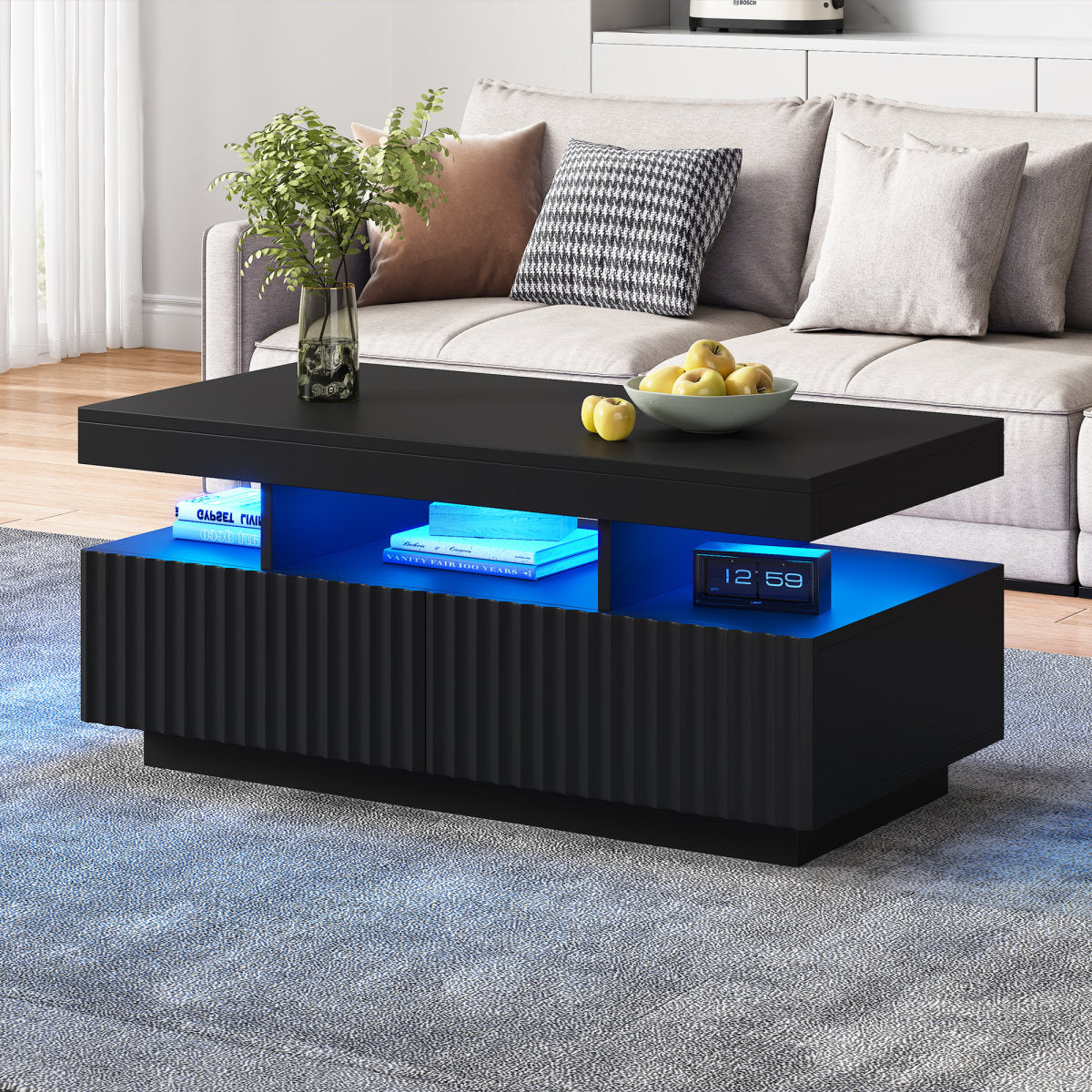 100 X 50 X 45 Cm Large Coffee Table With Two Drawers,Vertical Striped, Vacuum Molded Tea Table, Living Room Table,Coffee Table With LED Light Bar,Black