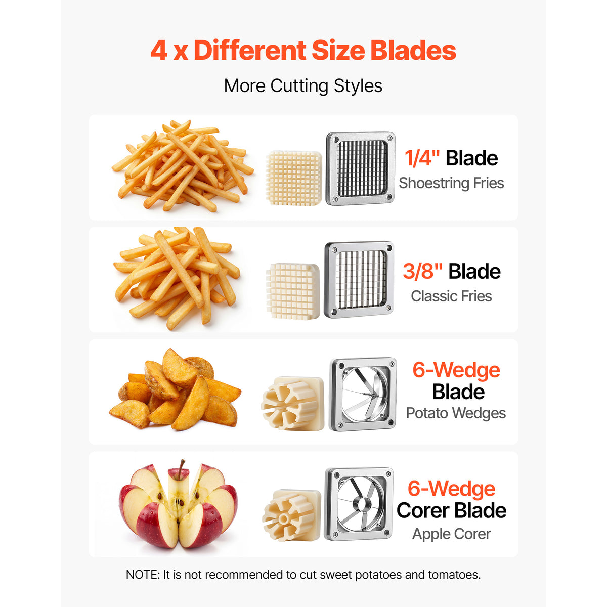 French Fry Cutter, Commercial Vegetable Chopper With 4 Blades (1/4", 3/8", 6-Wedge & Apple Corer), Stainless Steel Potato Slicer For Fries, Onion, Carrots, Lemon – Home & Restaurant Use
