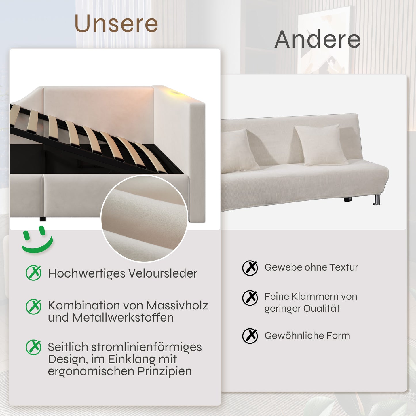 Upholstered Bed Daybed Daybed 90x190cm, Sofa Bed With Hydraulic Storage Space, Reading Light Function And USB-C Charging Function, Children's Bed Bed Frame With Slatted Base Made Of Wood, Velvet, Beig