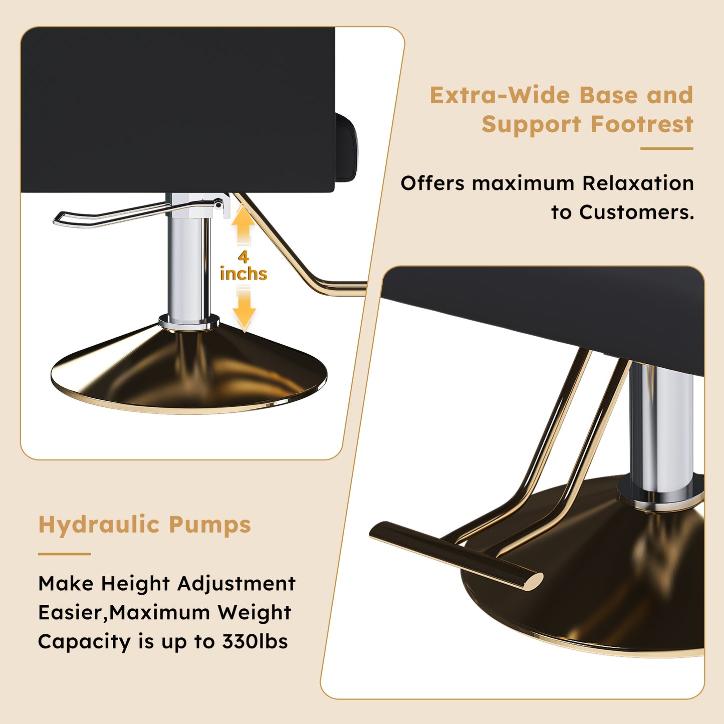 Hydraulic Salon Chair 360 Swivel - Professional Barber Stylist Chair With Pump Non-Tilting Hairdressing Chair For Salon Tattoo Spa Black Gold Stylist Equipment Single Pack
